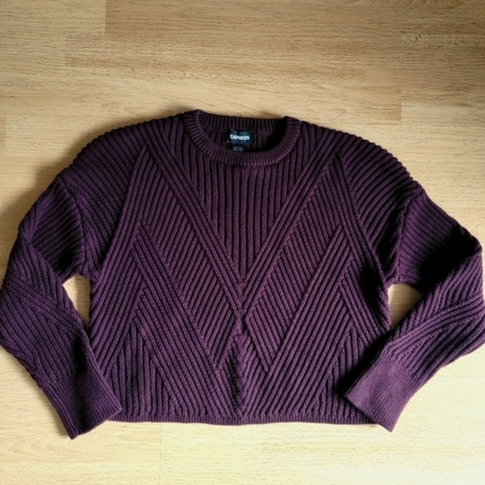 Express Cable Knit Maroon Sweater Women's S Crop Crew‎ Neck Long Sleeve